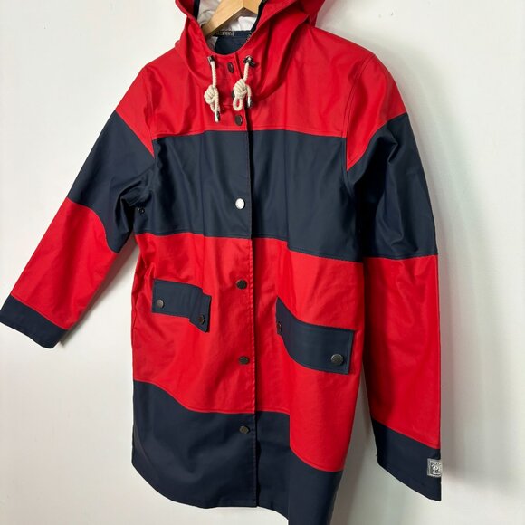 Pendleton Seaside Waterproof Slicker Hooded Raincoat Striped Red Navy Womens M - Picture 3 of 5